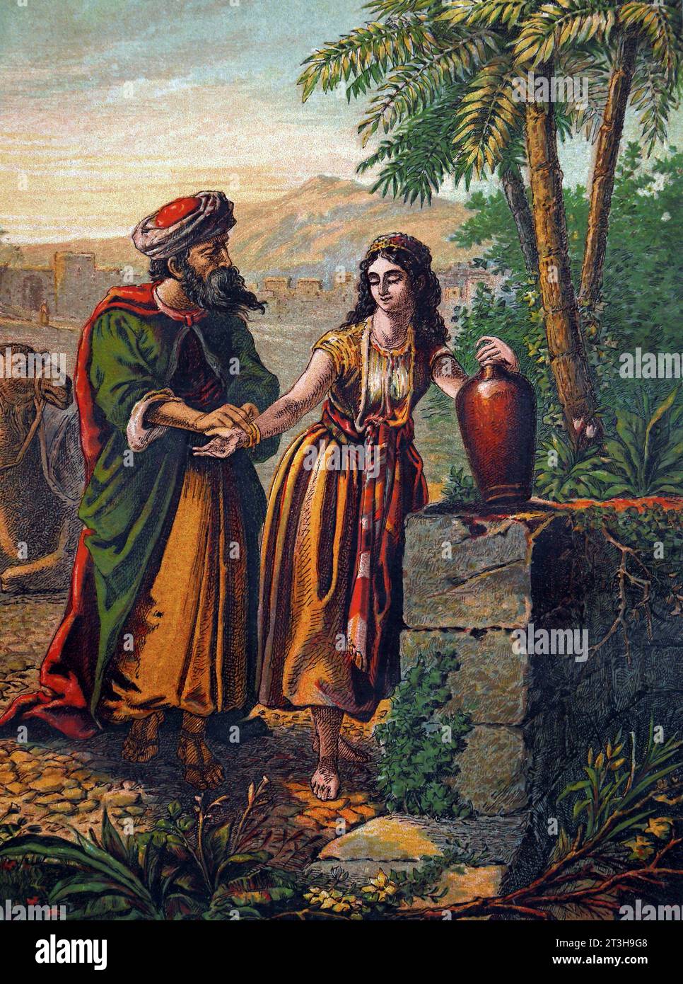 Bible Stories- Illustration Of Rebekah offering water to Abraham's servant Eliezer By The Well In The Story of Isaac Genesis Stock Photo