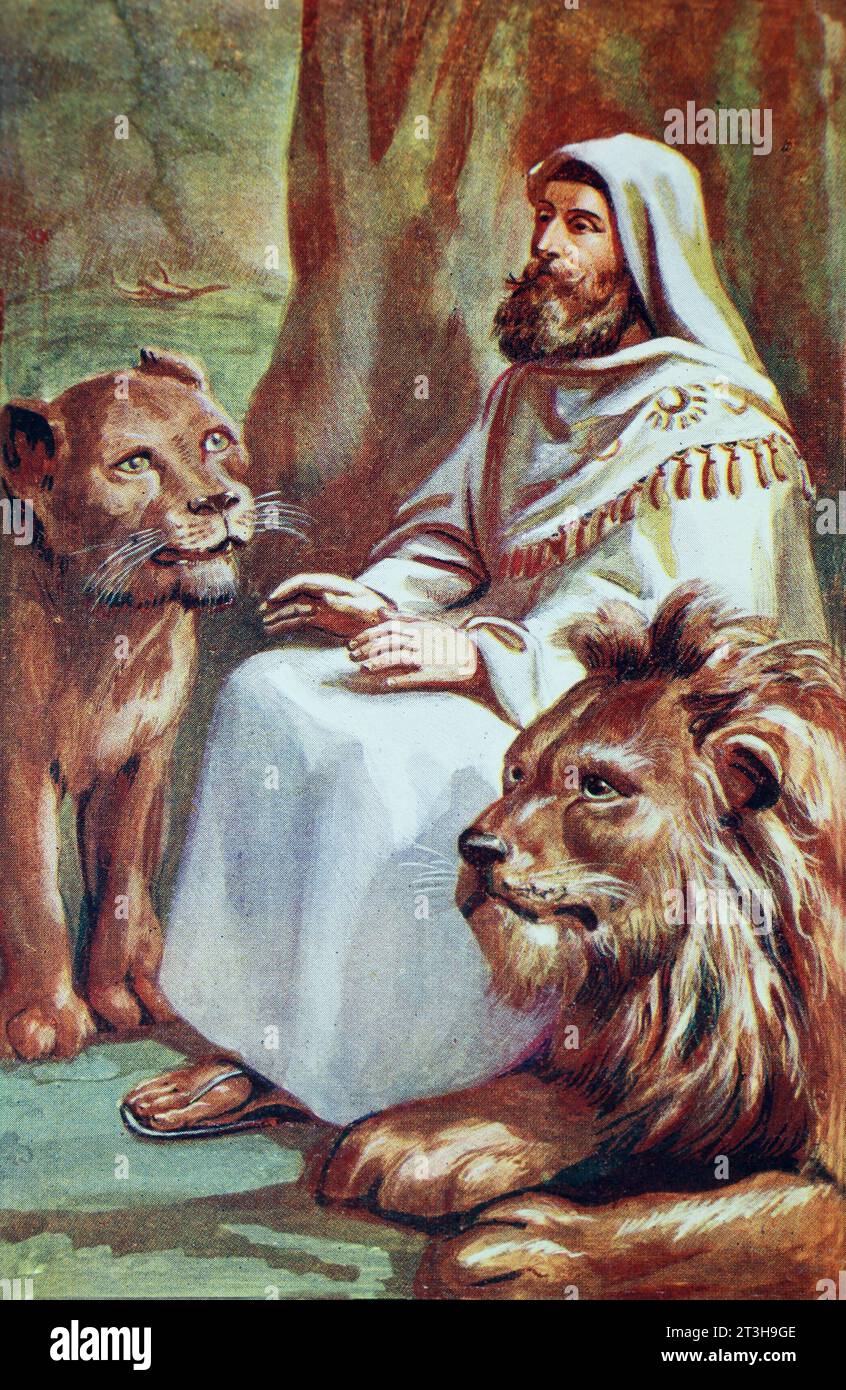 illustration of Daniel in the Den of Lions (Book of Daniel) old Testament in 19th Century Bible Stock Photo