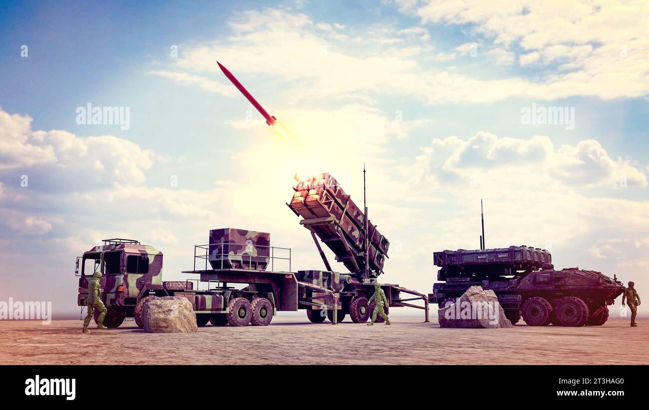 THAAD missile defence system. The Terminal High Altitude Area Defence (THAAD) system targets incoming ballistic missiles in their terminal phase Stock Photo