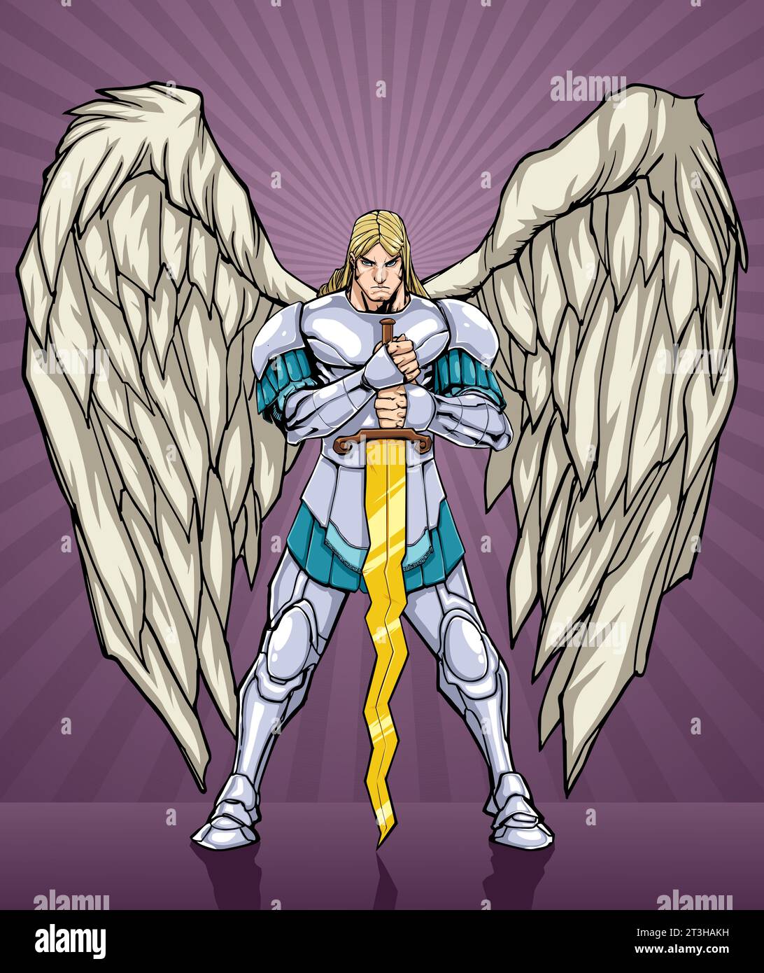 Comic book style depiction of Archangel Michael in silver armor, with expansive wings. Grasping a sword, he stands against a radiant purple background, symbolizing divine strength. Stock Vector