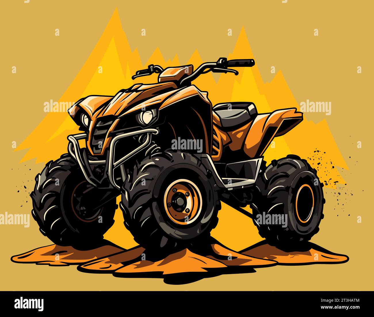 Vibrant illustration of orange all-terrain vehicle on sand, posed against yellow background with abstract sand dunes, ready for rugged adventures. Stock Vector