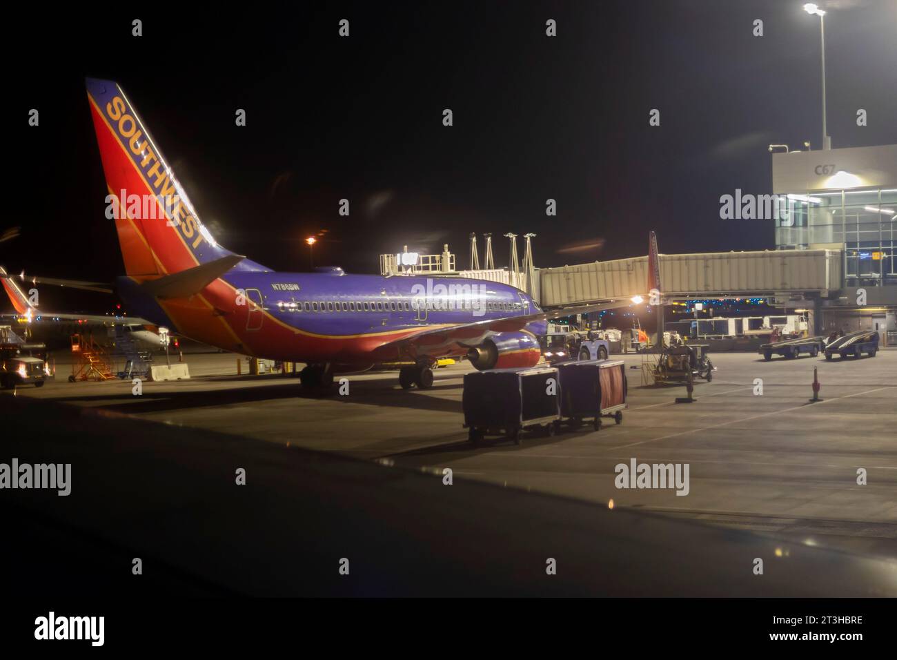 Denver, Colorado Southwest Airlines jets on the ground at night at Denver International
