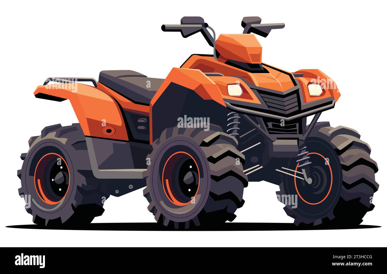 Vibrant flat style illustration of sleek orange ATV, isolated on white background. Modern representation of offroad adventure in geometric style. Stock Vector