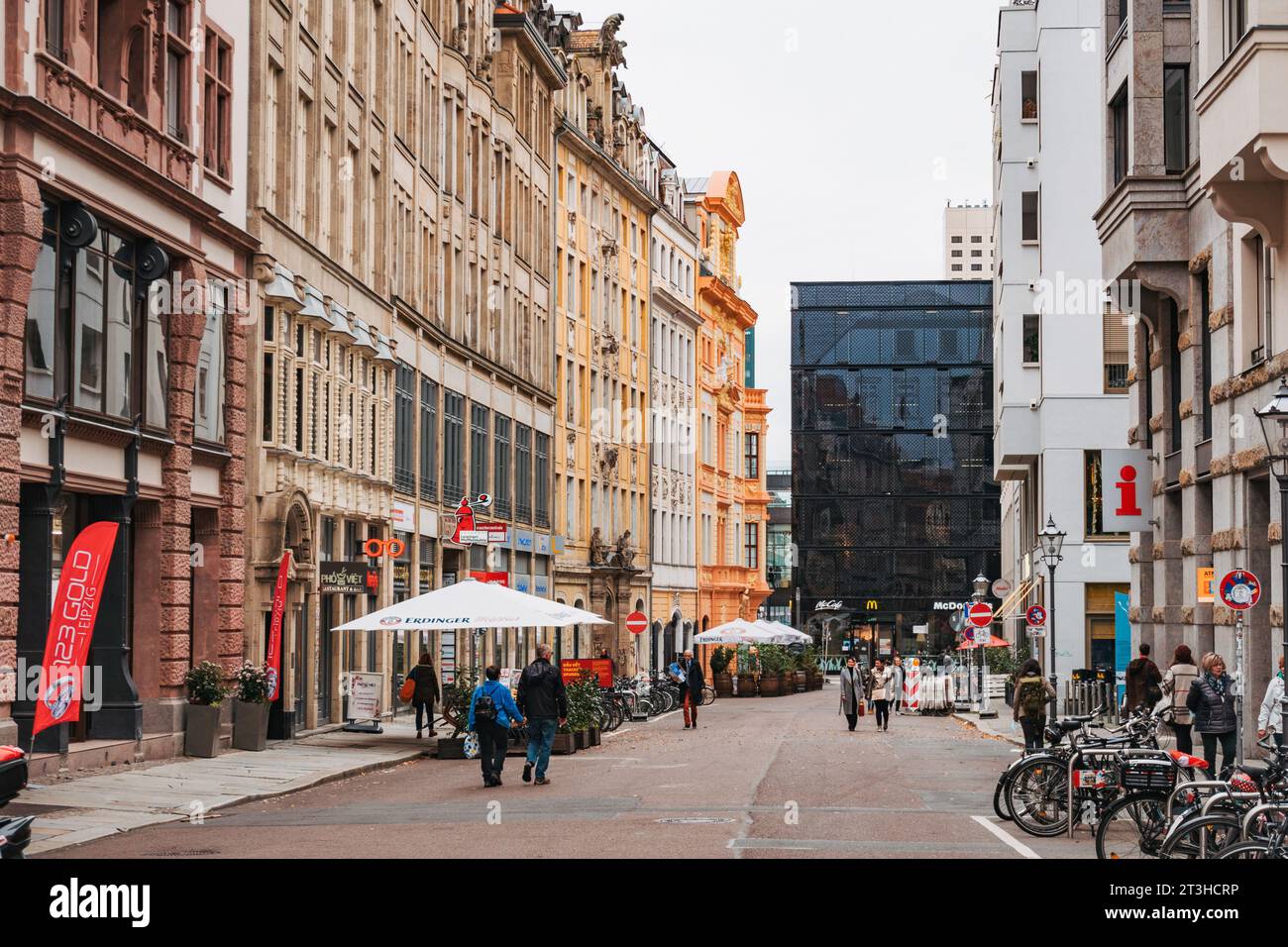 looking along the old buildings along Katharinenstrasse in Leipzig city center, Germany Stock Photo