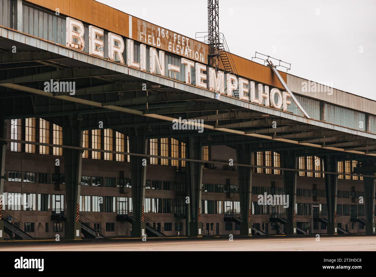an old sign on the Berlin Tempelhof Airport terminal, which closed to all air traffic in 2008 Stock Photo