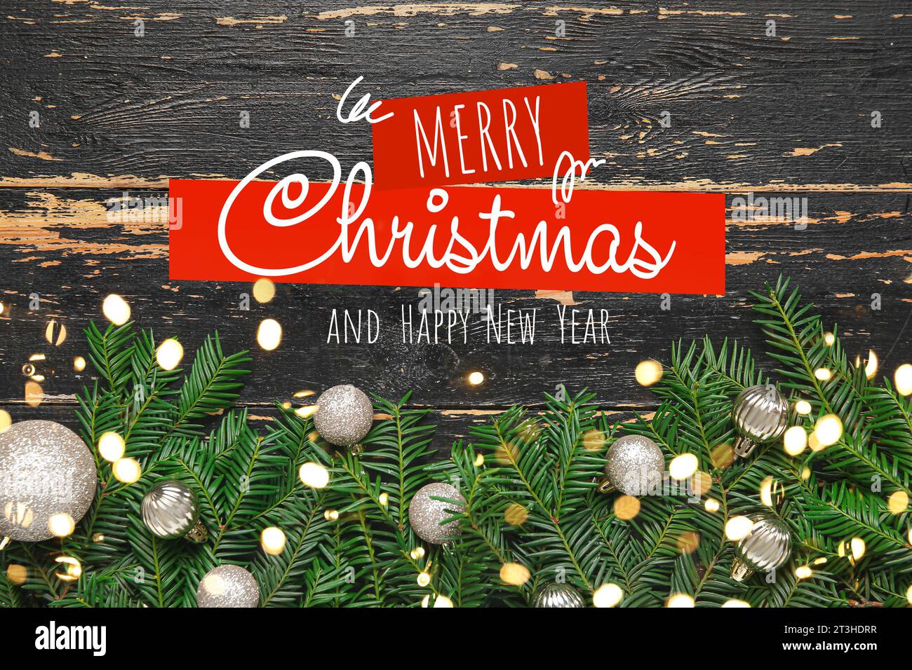 Greeting card for Christmas and New Year with coniferous branches and ...