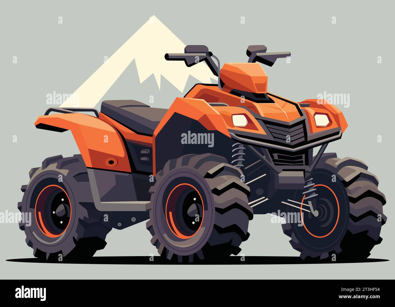 Vibrant flat style illustration of sleek orange ATV, showcasing its rugged design against a minimalist mountain backdrop. A modern representation of off-road adventure in geometric style. Stock Vector