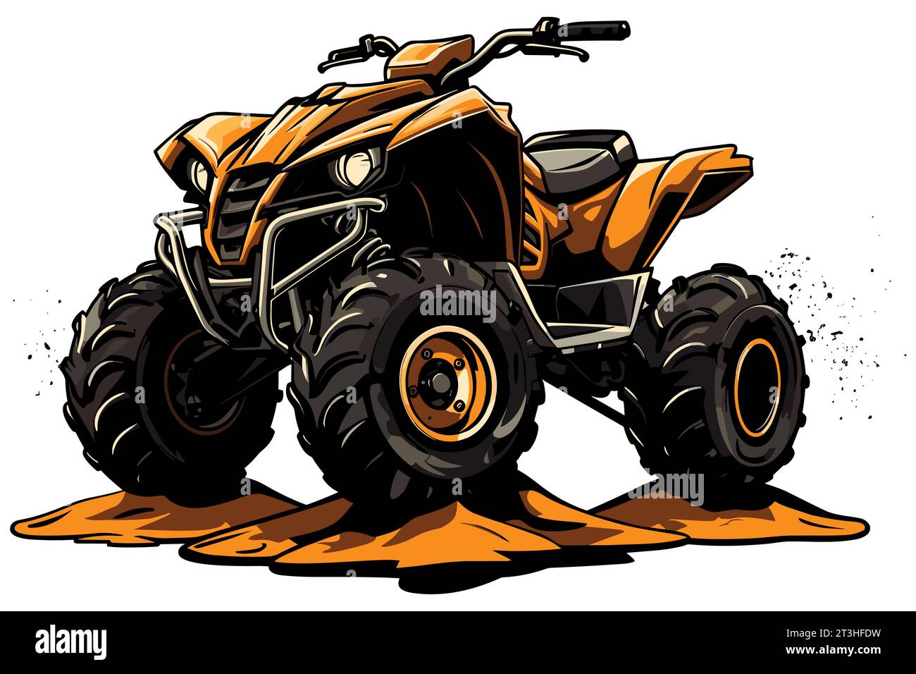 Vibrant illustration of orange all-terrain vehicle on sand, posed against white background, ready for rugged adventures. Stock Vector