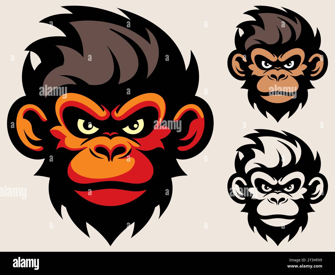 Bold mascot or logo illustration of a monkey face with fiery red and orange highlights, showcasing an intense and fierce expression. Stock Vector