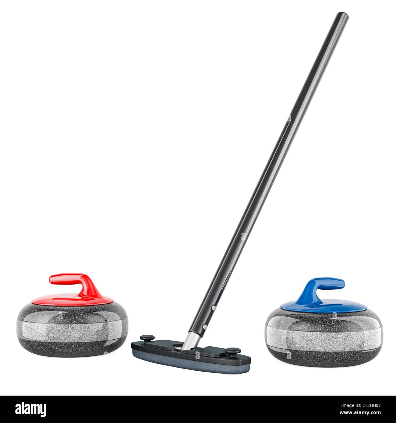 Curling broom with curling stones, 3D rendering isolated on white