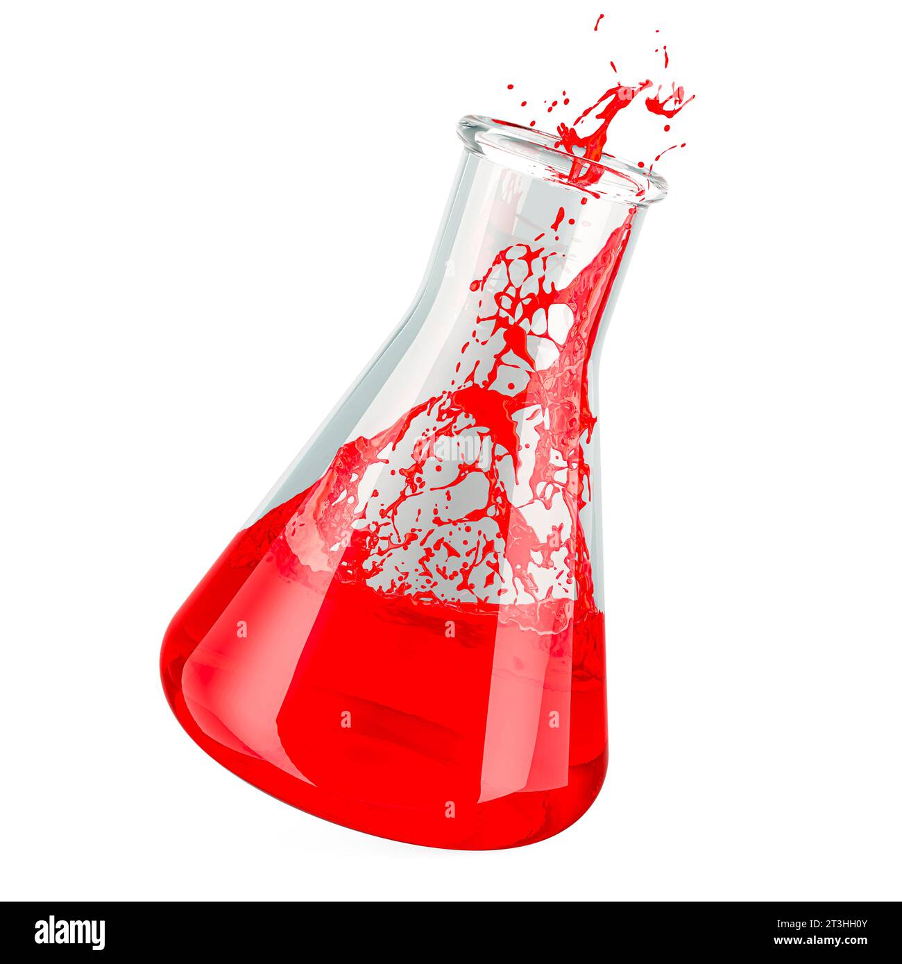 Splashed Chemical Chemical flask with red liquid and splash, 3D rendering isolated on ...