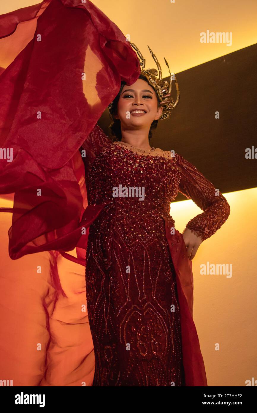 Princess wearing a red dress with the gold crown on her head in front of  the lighting in the background Stock Photo - Alamy