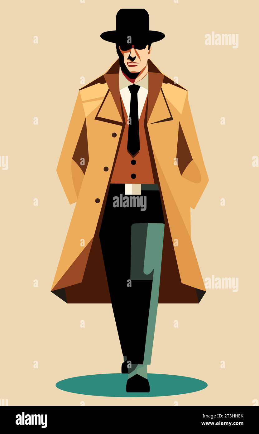 Flat-style detective with trench coat, hat, and sunglasses, radiating mystery and discretion. Stock Vector