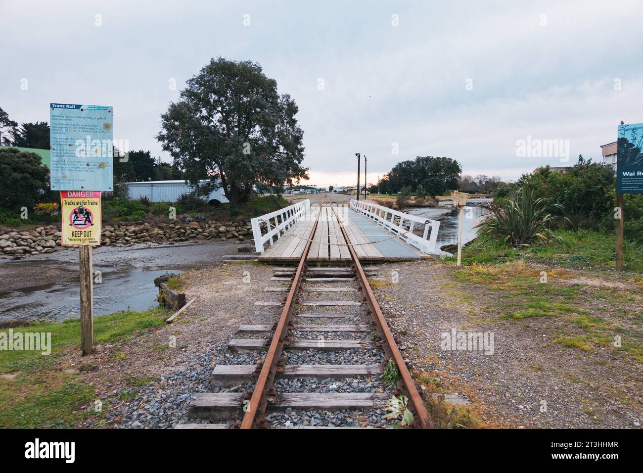 old disused railway tracks along the Turanganui River mouth in Gisborne, New Zealand Stock Photo