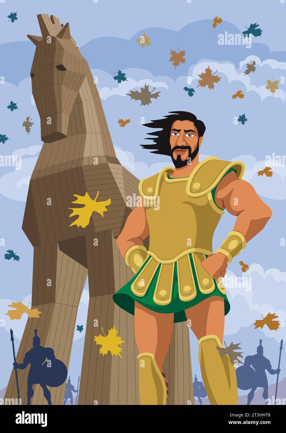 Odysseus stands confidently in golden armor, with the iconic wooden