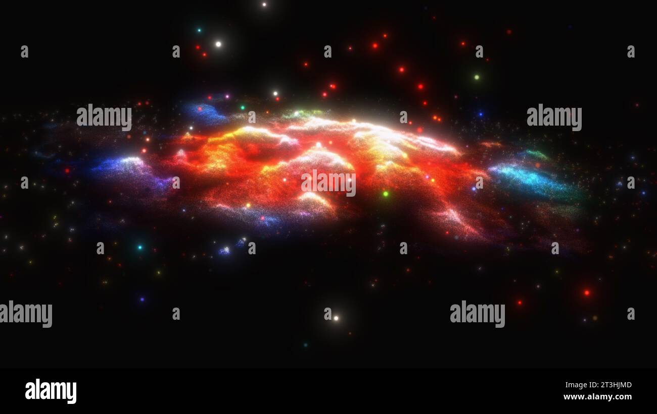 3D model of an abstract star cluster. A bright nebula in the center and ...