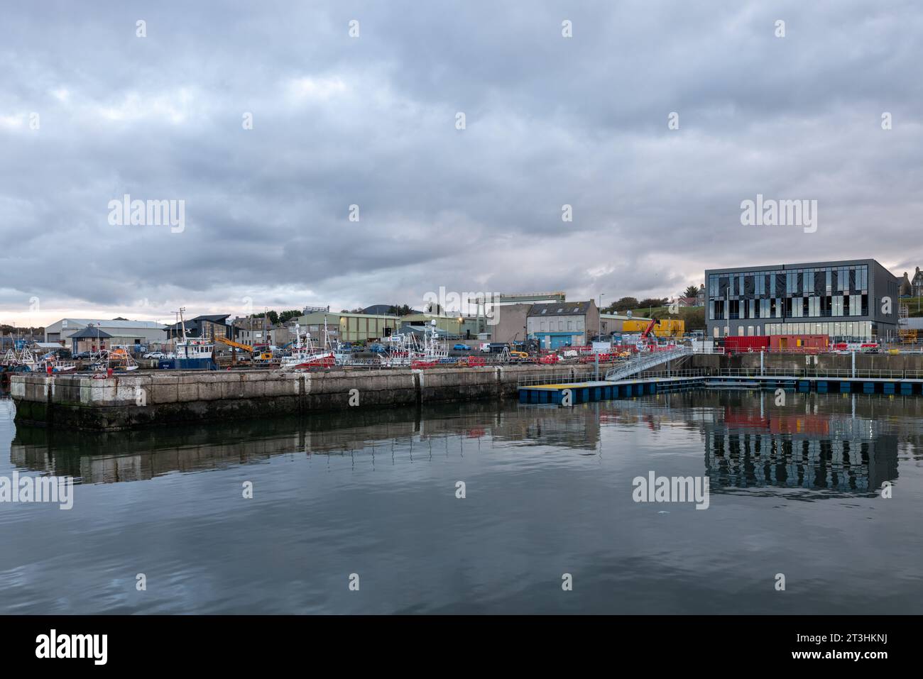 24 October 2023. Buckie Harbour, Moray, Scotland. This shows the construction site of the new Building and Enhanced Pier for Ocean Winds, Operations a Stock Photo