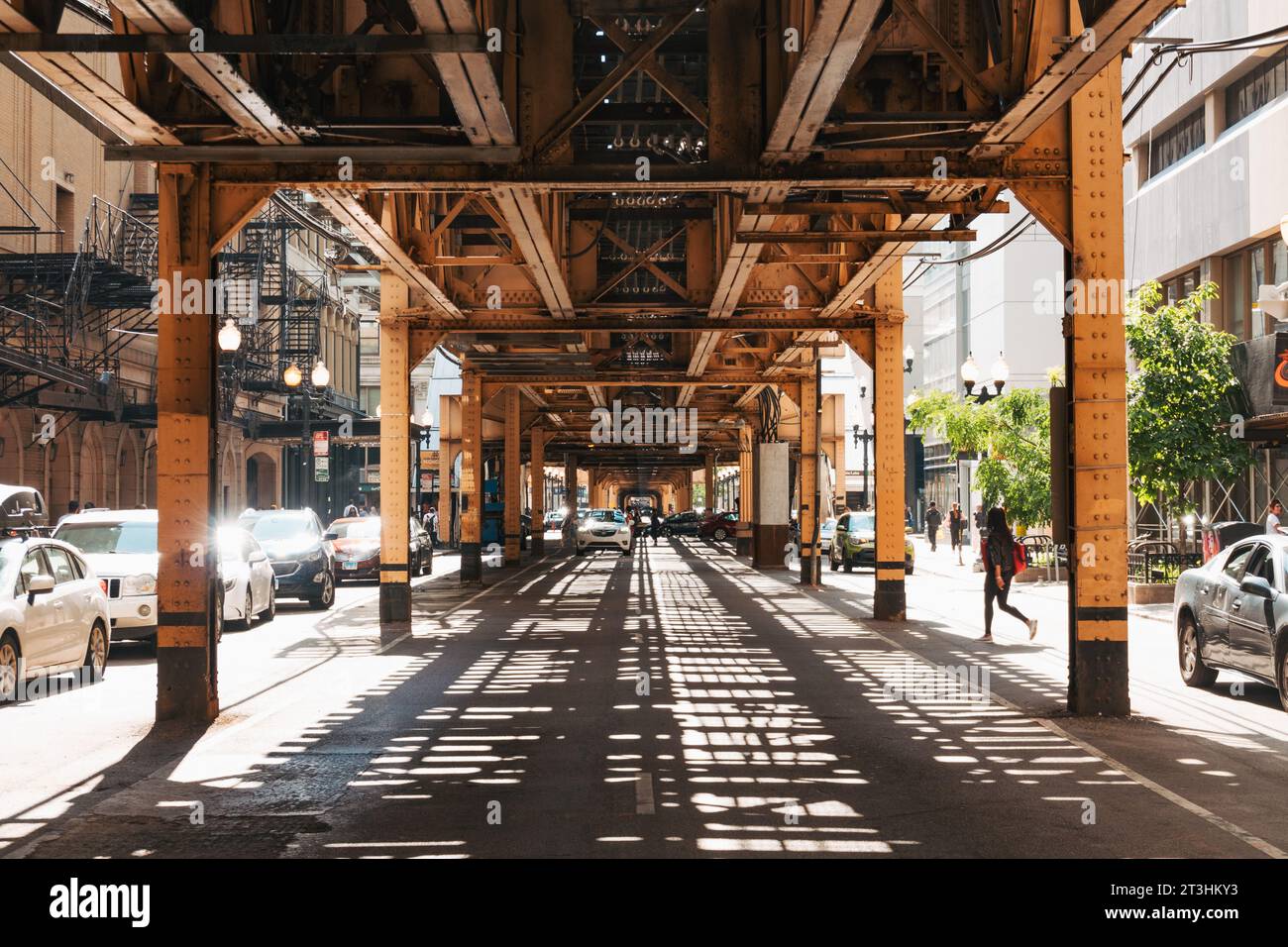 underneath the elevated railway 'L' public transit system in Chicago, United States Stock Photo