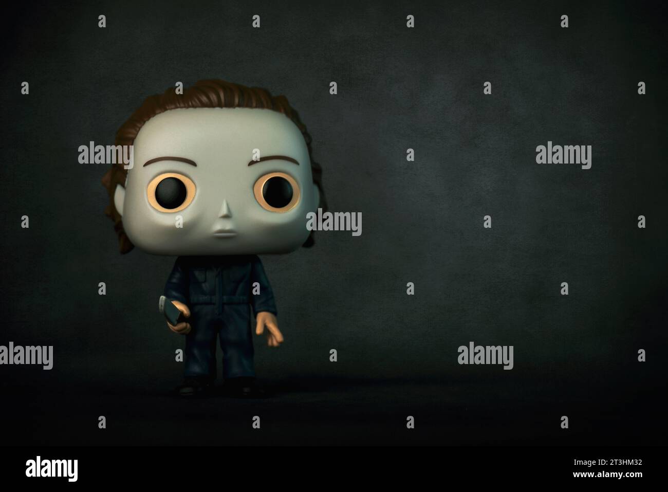 Funko POP vinyl figure of Michael Myers from the movie Halloween over black background. Illustrative editorial of Funko Pop action figure Stock Photo