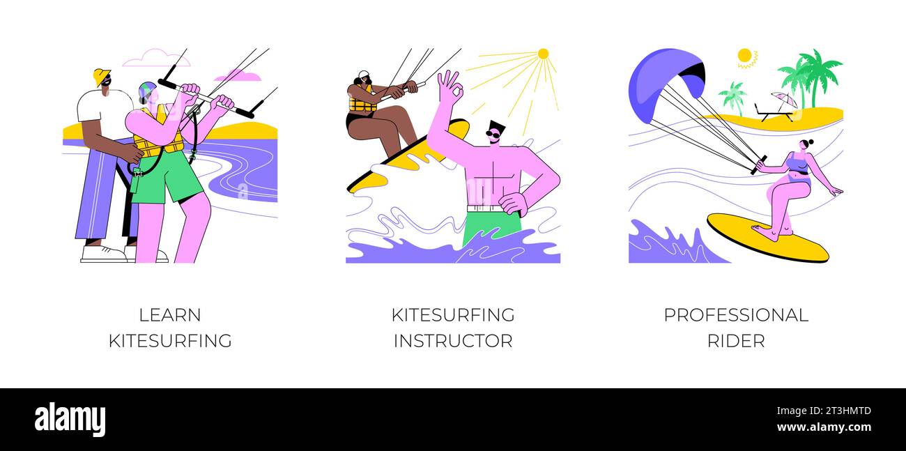 Kitesurfing isolated cartoon vector illustrations set. Water sport lesson, training with instructor at the beach, active holiday, extreme sport, professional rider making trick vector cartoon. Stock Vector
