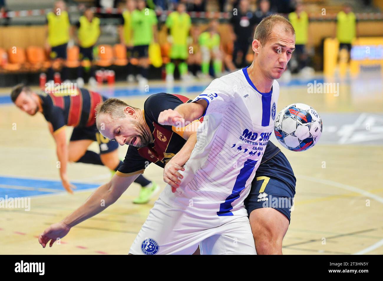 Futsal Champions League Group 6: Bijeljina (Bosnia) - Plzen, in Pilsen, Czech Republic, October 25, 2023. From left: Lukas Resetar of Plzen and Davor Arnautovic from Bosnia. (CTK Photo/Miroslav Chaloupka) Stock Photo