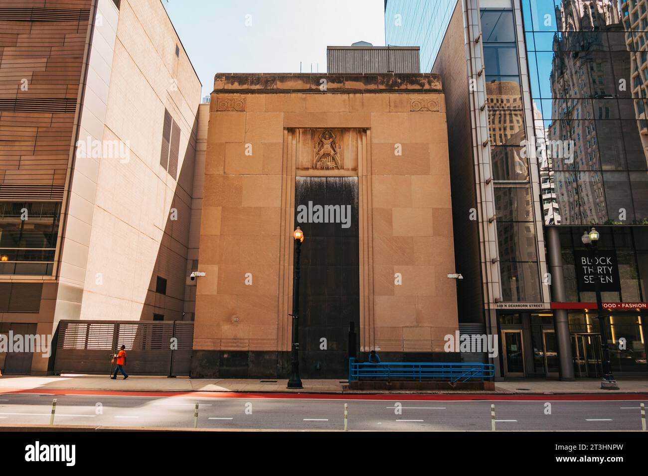 a ComEd Power Substation on N Dearborn St, Chicago. Designed in the art deco style of the era. Features a 'spirit of electricity' carving on top Stock Photo