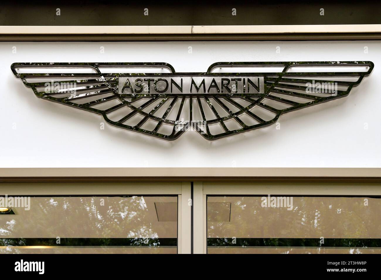 London, England, UK - 28 June 2023: Sign above the Aston Martin luxury car showroom on Park Lane in central London Stock Photo