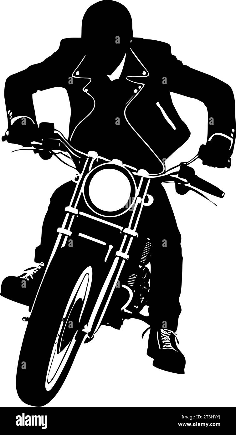 simple black silhouette of a biker on a motorcycle on a white background, logo, design Stock Photo