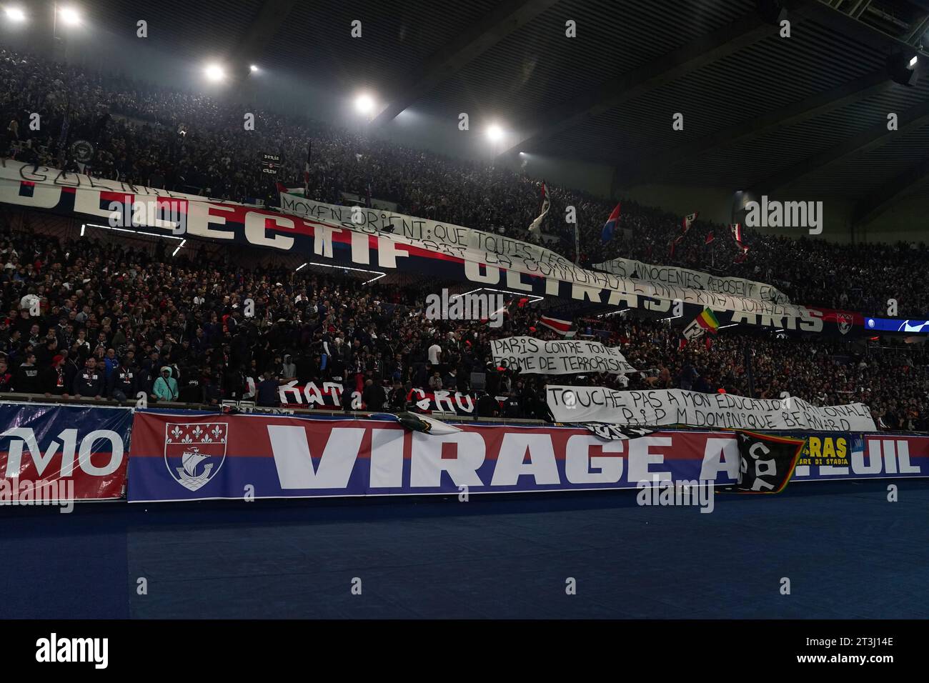 PSG supporters holding a banner displaying a message about Gaza during the UEFA Champions League Group F match at Parc des Princes in Paris, France. Picture date: Wednesday October 25, 2023. Stock Photo