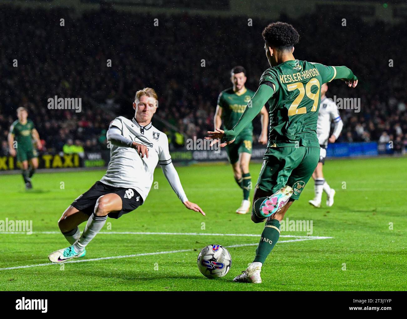 Kaine Kesler Hayden 29 of Plymouth Argyle in action during the Sky Bet
