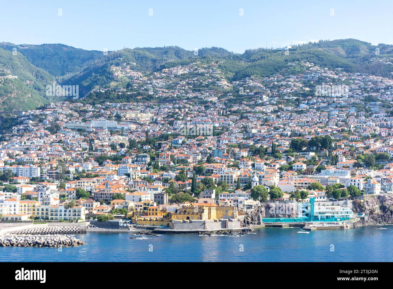 Panoramic view of city and Monte from harbour, Funchal, Madeira, Portugal Stock Photo