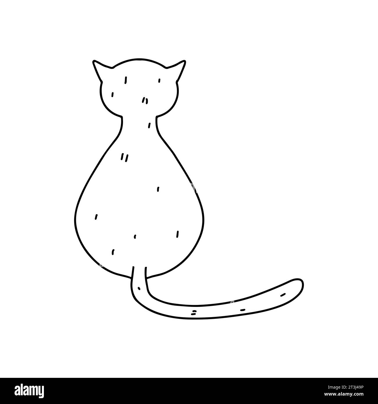 Cat sitting back side. Hand drawn doodle style. Vector illustration isolated on white. Coloring page. Stock Vector