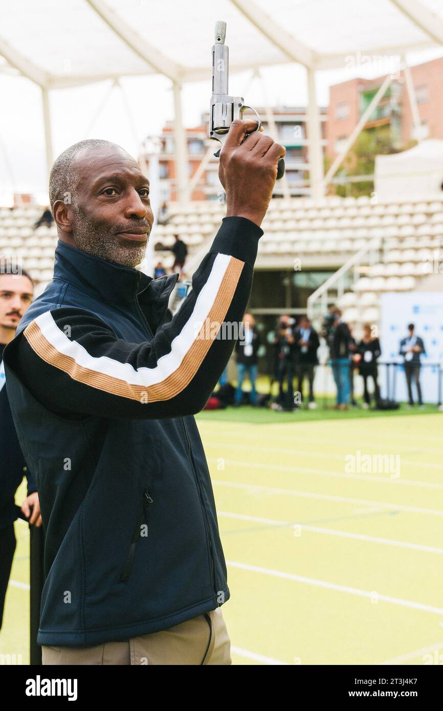 The American athlete Michael Johnson during the presentation of the 12th Inclusive Sports Week of the Sanitas Foundation at the Vallehermoso stadium in Madrid, October 25, 2023, Spain (Photo by Oscar Gonzalez/Sipa USA) Stock Photo