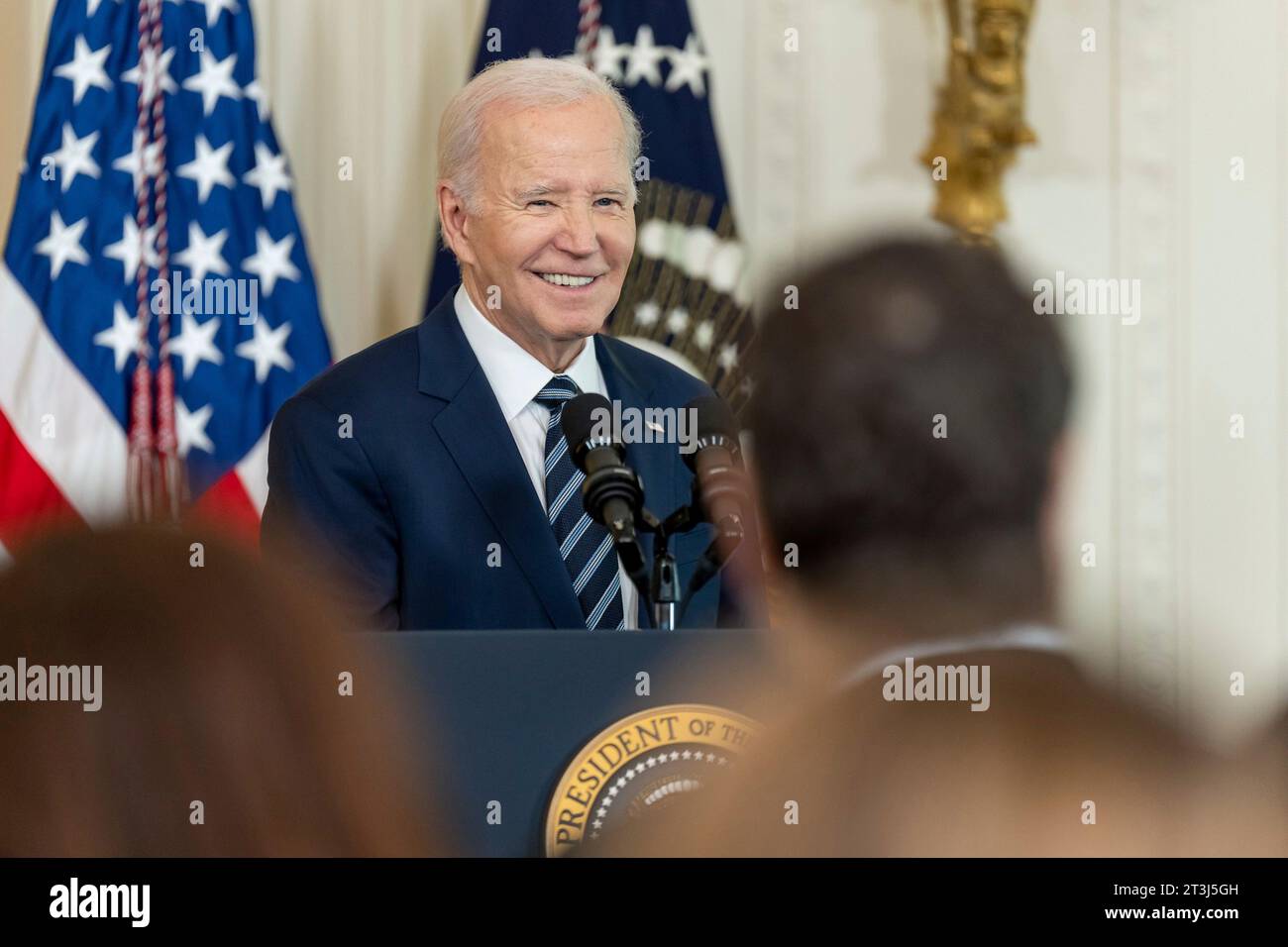 Washington, United States. 24 October, 2023. U.S President Joe Biden delivers remarks during the National Medal of Science awards ceremony in the East Room of the White House, October 24, 2023 in Washington, D.C.                                                                                   Credit: Adam Schultz/White House Photo/Alamy Live News Stock Photo