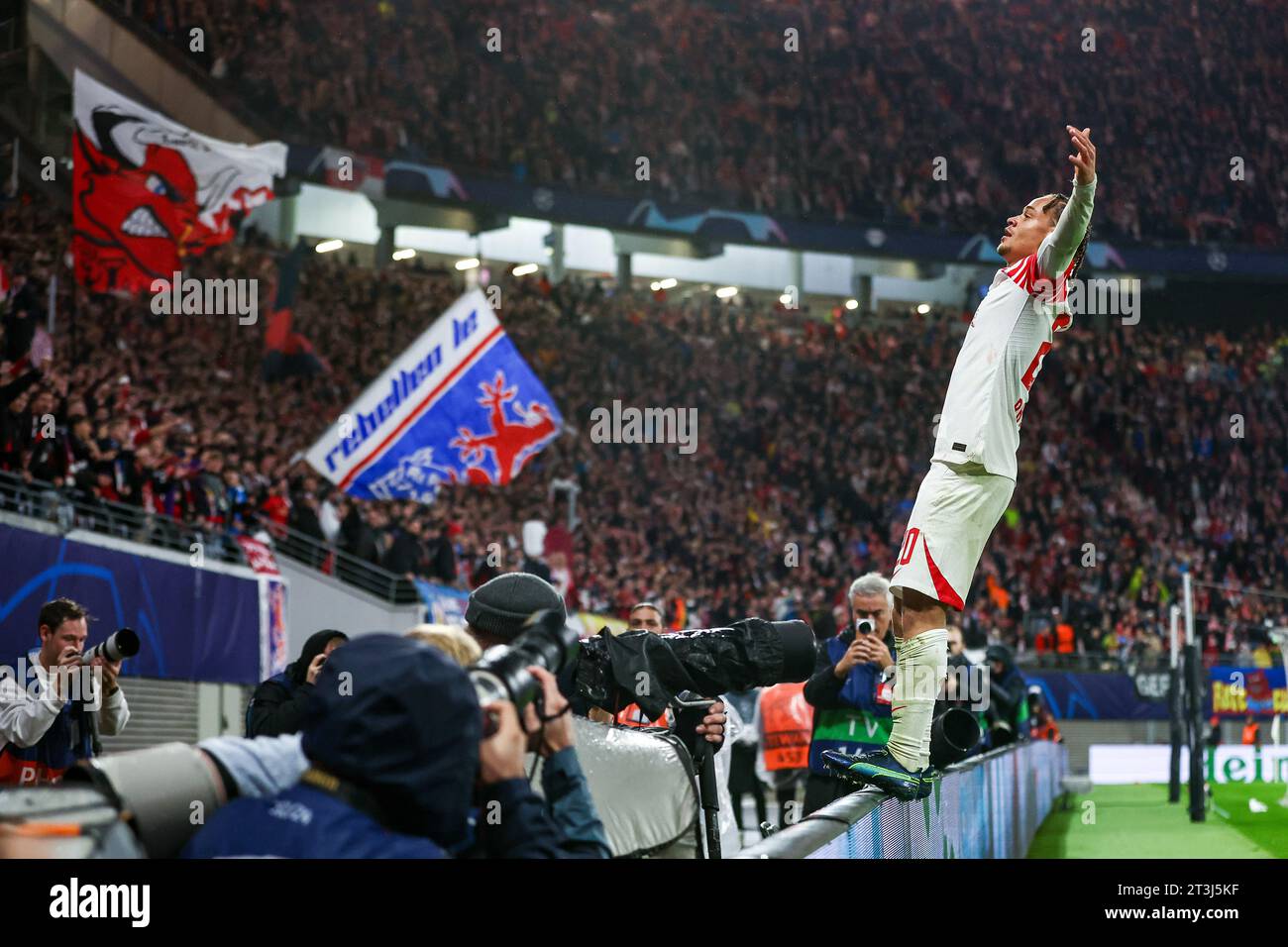 Leipzig, Germany. 25th Oct, 2023. Soccer: Champions League, Group Stage, Group G, Matchday 3: RB Leipzig - Red Star Belgrade at the Red Bull Arena. Leipzig's Xavi Simons celebrates after his goal for 2:0. Credit: Jan Woitas/dpa/Alamy Live News Stock Photo