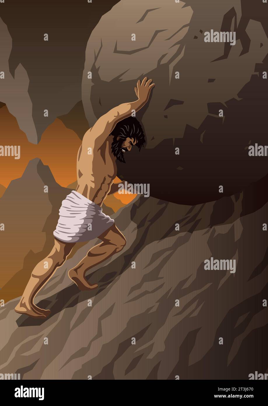 Sisyphus strains to push massive boulder uphill, against mountainous backdrop. His determined face reveals the endless torment of his punishment. Stock Vector