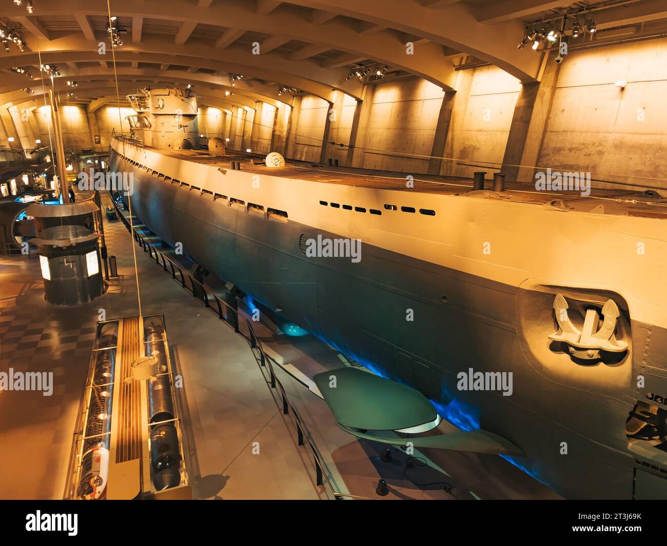 a German U-505 U-boat submarine on display at the Museum of Science and Industry, Chicago. The sub was captured by U.S. forces during World War II Stock Photo