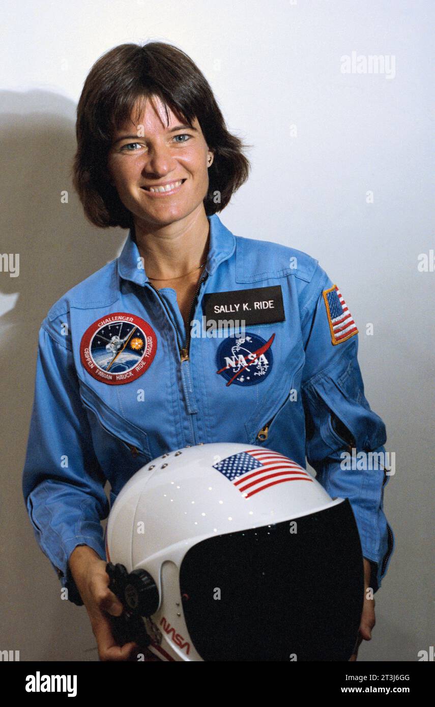 Astronaut Sally K. Ride takes a break from training as a mission specialist for NASA's STS-7 spaceflight in Earth orbit. Stock Photo
