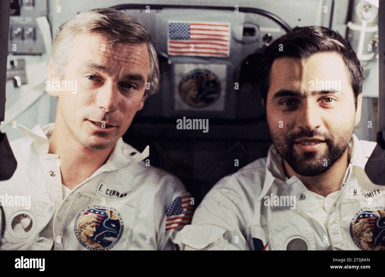 Cernan and Schmitt, Astronaut Eugene A. Cernan (left) and scientist-astronaut Harrison H. 'Jack' Schmitt are photographed by the third crew man aboard the Apollo 17 spacecraft during the final lunar landing mission in NASA's Apollo program. Stock Photo