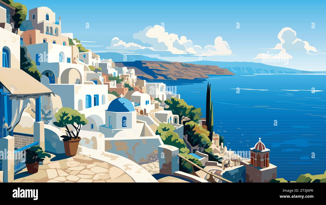 Santorini Island displays coastal views, iconic blue-domed churches, white buildings on cliffs, overlooking the azure Mediterranean Sea. Stock Vector