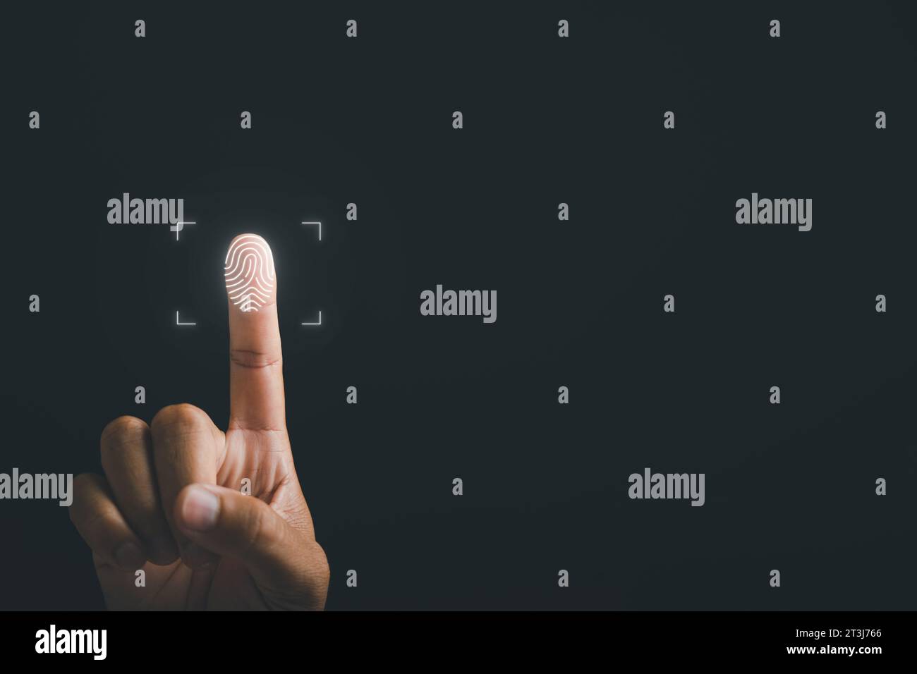 Human hand pointing at a futuristic biometric identification ...