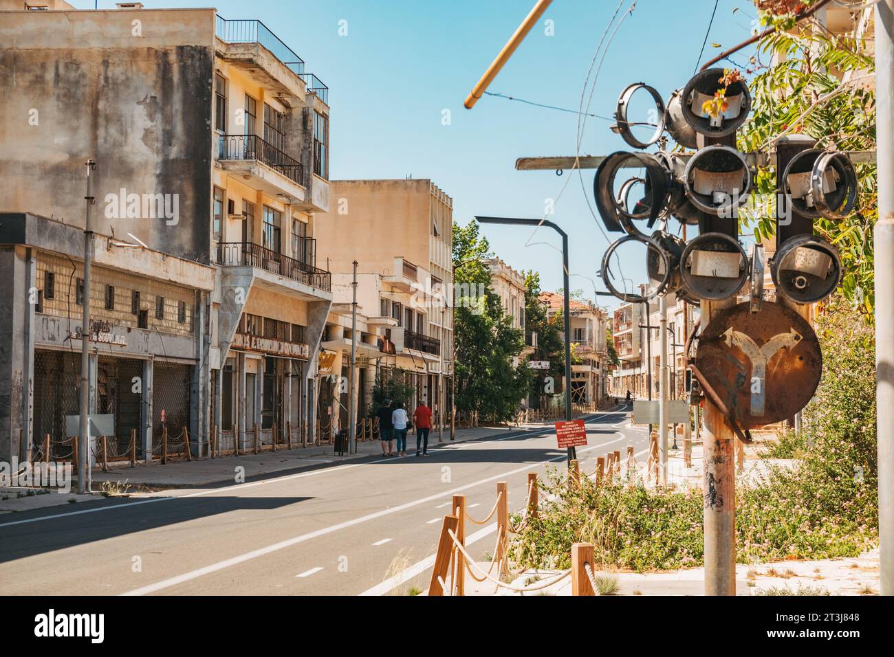 a broken traffic signal in the ghost town of Varosha, Northern Cyprus. Re-opened to the public in 2020 Stock Photo