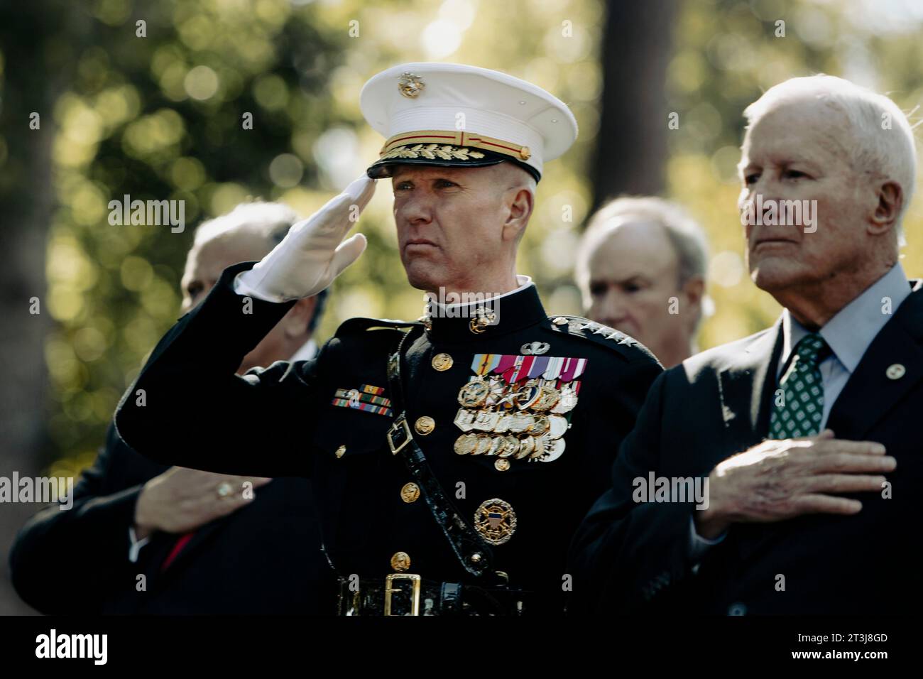 Jacksonville, United States. 23rd Oct, 2023. U.S. Marine Corps Commandant Gen. Eric Smith salutes during the 40th Beirut Memorial Observance Ceremony at Lejeune Memorial Gardens October 23, 2023 in Jacksonville, North Carolina. The memorial observance is in remembrance of the lives lost in the terrorist attacks at U.S. Marine Barracks in Beirut. Credit: LCpl. Zachary Zephir/U.S. Marines/Alamy Live News Stock Photo