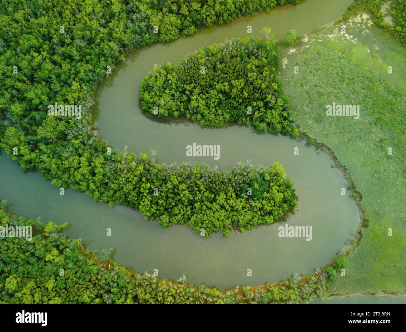 An aerial view of a river flowing through a green landscape Stock Photo ...