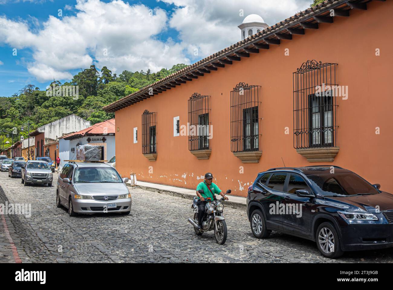 Guatemala, La Antigua July 20, 2023 Museum Casa Santa Domingo. One way traffic on Calle