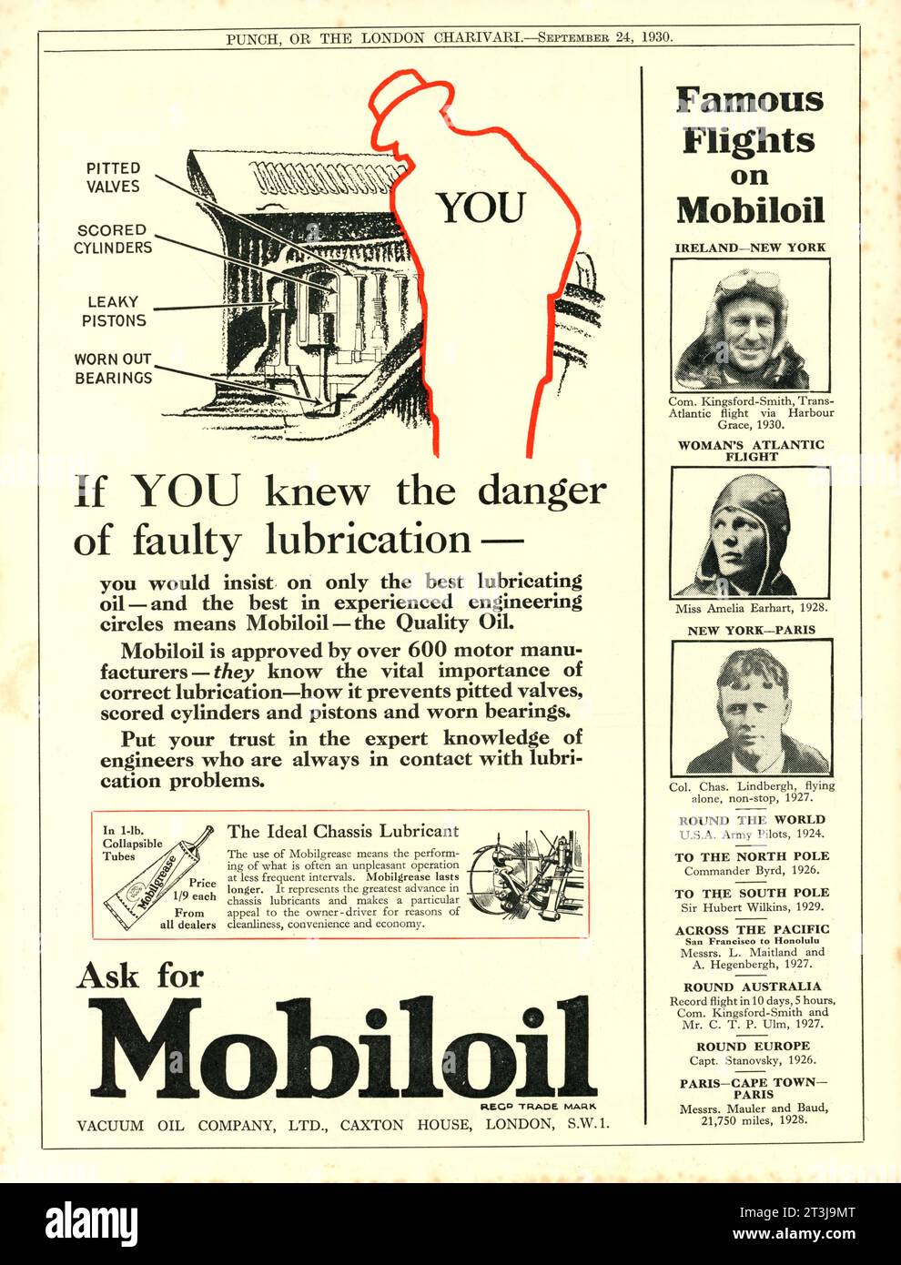 Commander KINGSFORD-SMITH Miss AMELIA EARHART and Colonel CHARLES LINDBERGH Famous Flights on MOBILOIL and MOBILGREASE 1930 British Magazine Advertisement Stock Photo