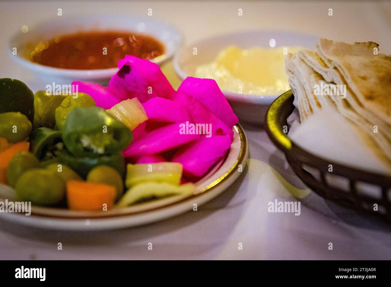 Pickled Olives and veggies with a side of pita Stock Photo Alamy