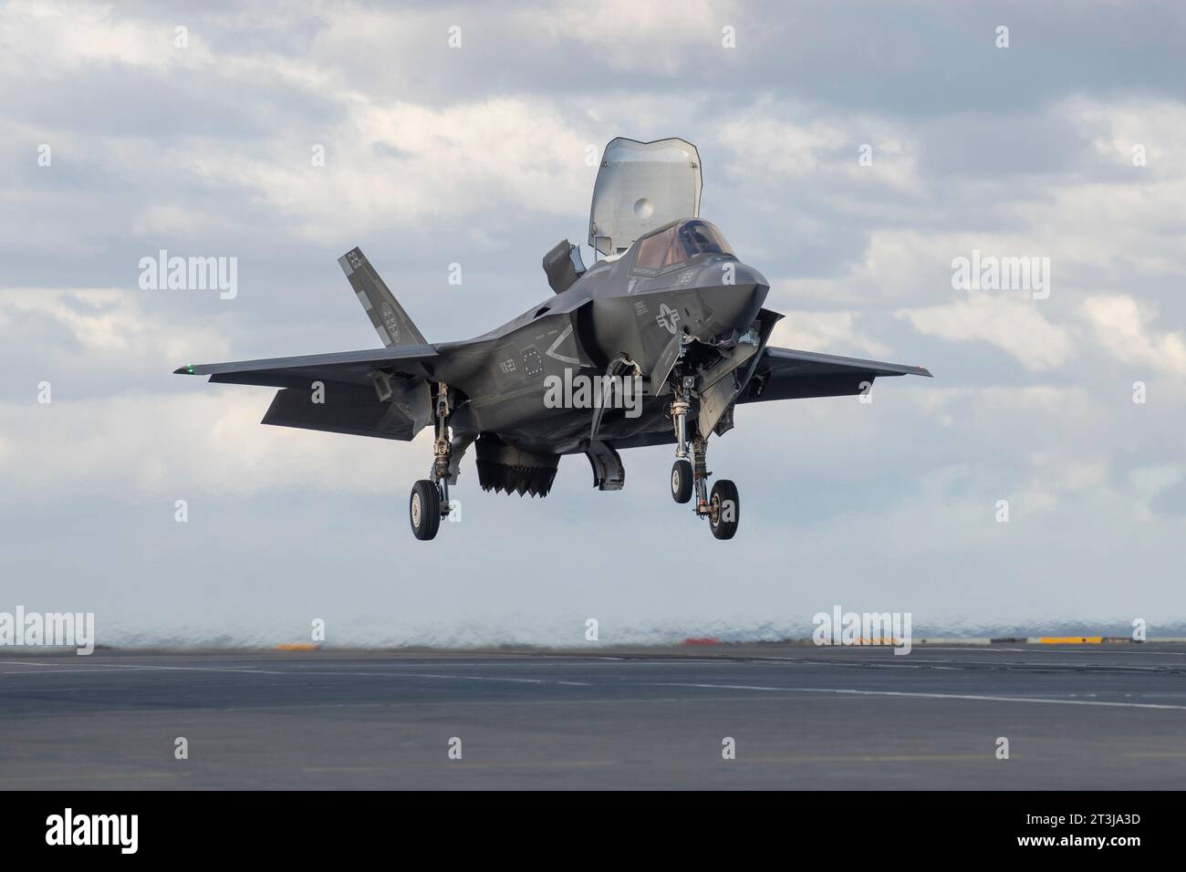 Patuxent River, United States. 24th Oct, 2023. A U.S Marine Corps F-35B Lightning II stealth fighter aircraft performs a shipborne rolling vertical landing on the flight deck of the Royal Navy Queen Elizabeth-class aircraft carrier HMS Prince of Wales during developmental test phase 3 flight trials, October 24, 2023 off the coast of Maryland, USA. Credit: Kyra Helwick/U.S. Navy Photo/Alamy Live News Stock Photo