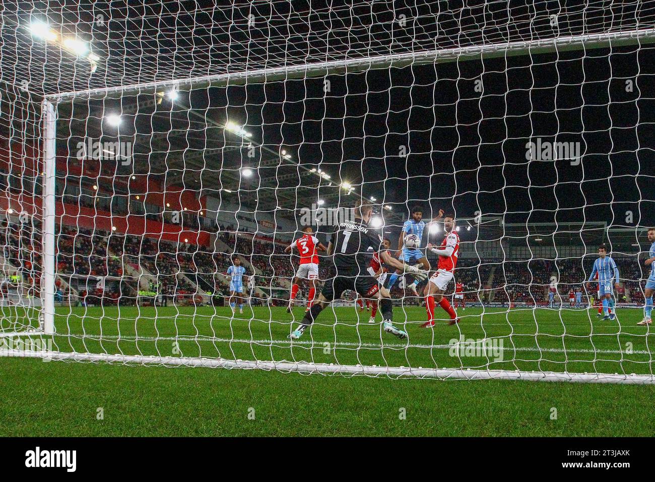 Rotherham, UK, 25/10/2023, AESSEAL New York Stadium, Rotherham, England - 25th October 2023 Ellis Simms (9) of Coventry City has his header saved by Viktor Johansson Goalkeeper of Rotherham United - during the game Rotherham United v Coventry City, Sky Bet Championship,  2023/24, AESSEAL New York Stadium, Rotherham, England - 25th October 2023 Credit: Arthur Haigh/WhiteRosePhotos/Alamy Live News Stock Photo
