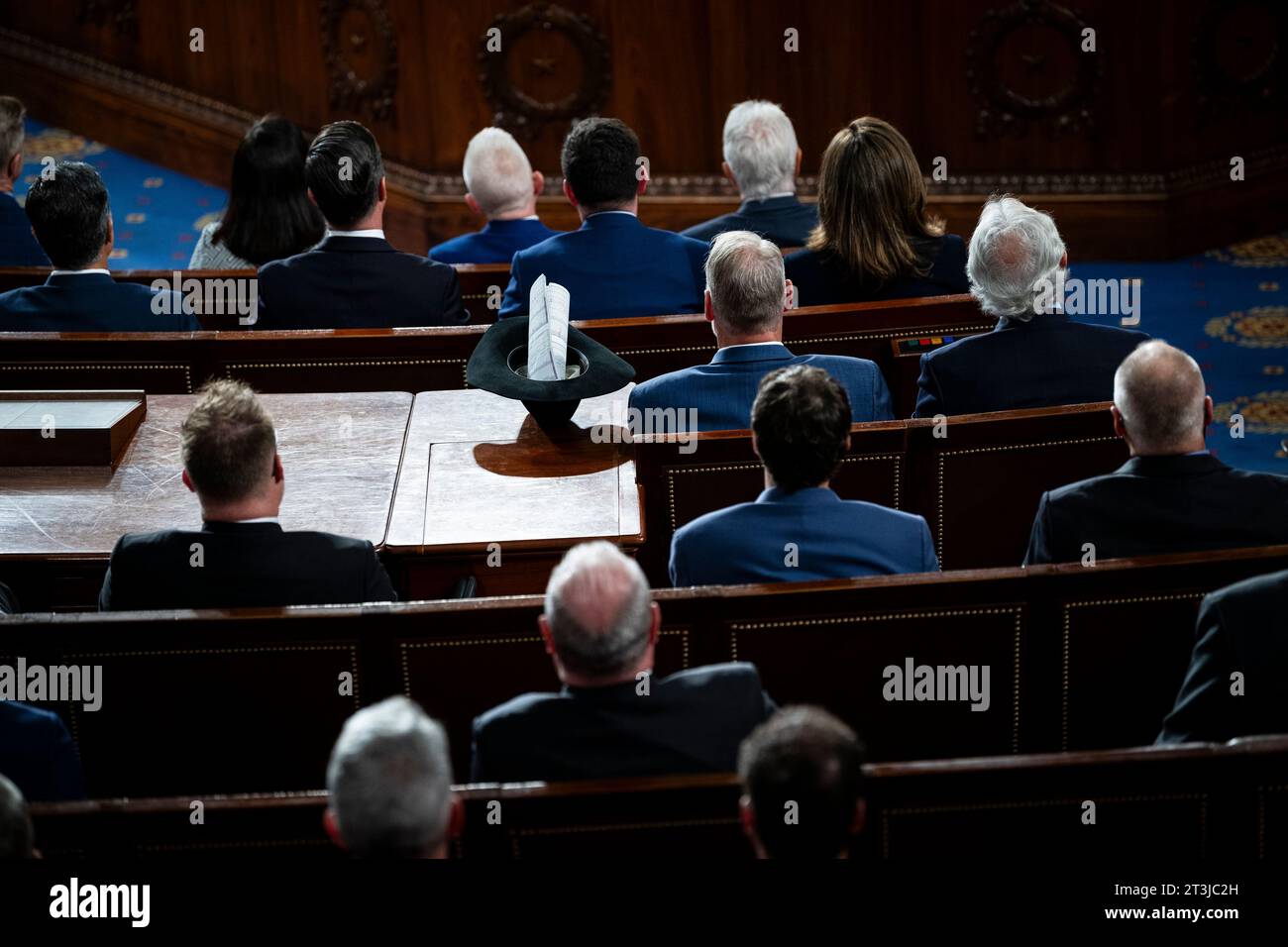 Washington, USA. 25th Oct, 2023. A cowboy hat with a vote tally sheet rests on a table, after voting for Speaker of the House finished, in the House Chamber, at the U.S. Capitol, in Washington, DC, on Wednesday, October 25, 2023. (Graeme Sloan/Sipa USA) Credit: Sipa USA/Alamy Live News Stock Photo
